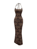 Floerns Womens Leopard Print Sleeveless Halter Dress Club Bodycon Maxi Dresses Rust Brown X-Small