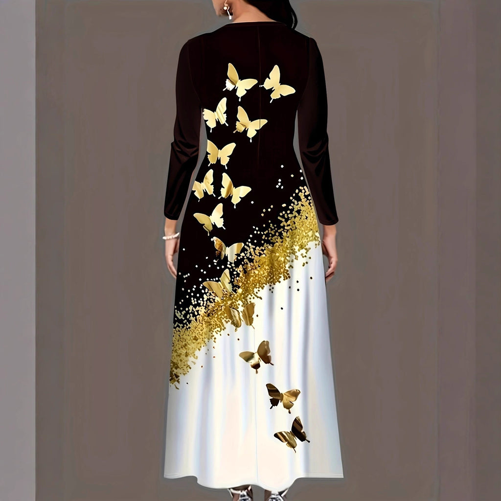Style Butterfly Print Long Sleeve Round Neck A-Line Dress with Pockets
