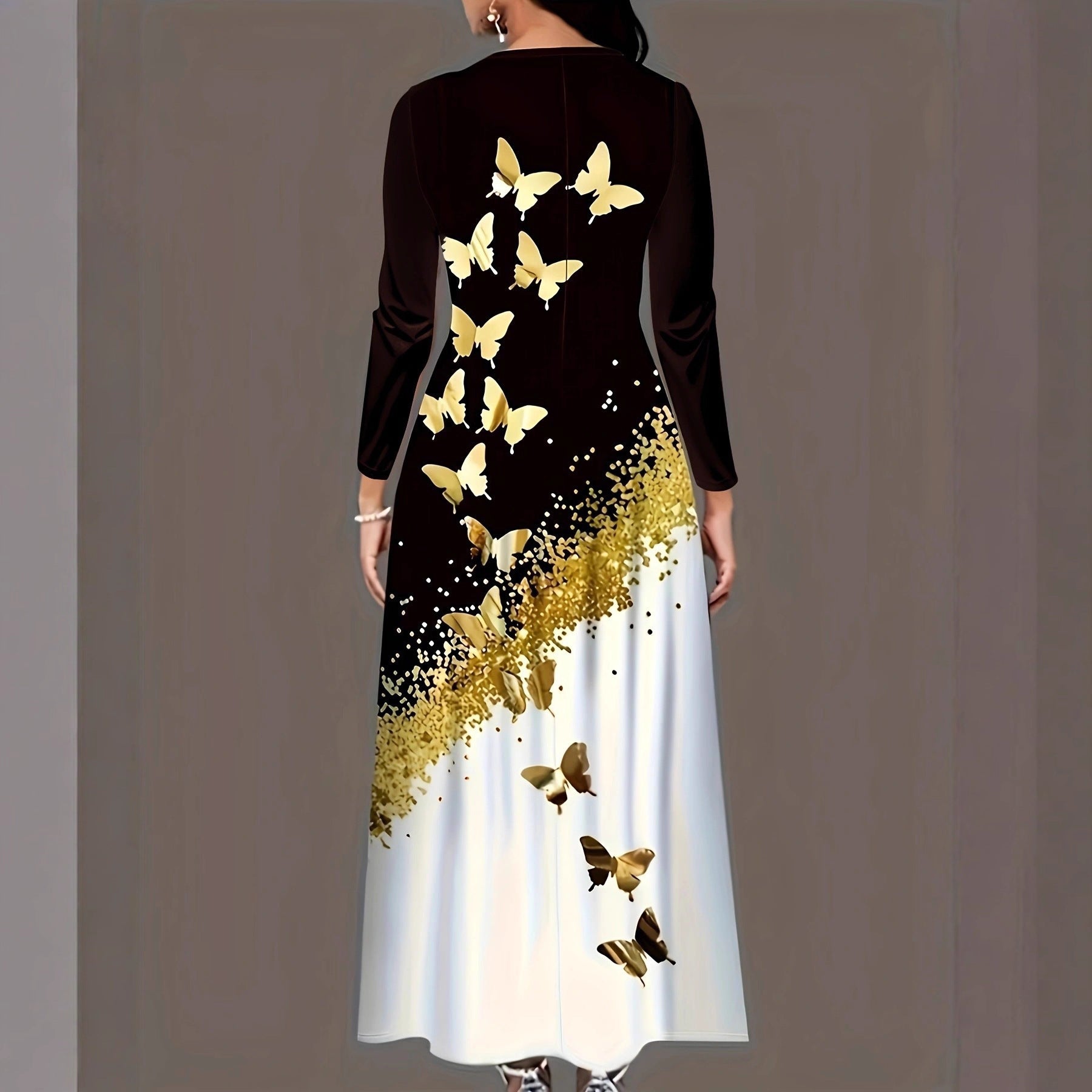 Style Butterfly Print Long Sleeve Round Neck A-Line Dress with Pockets