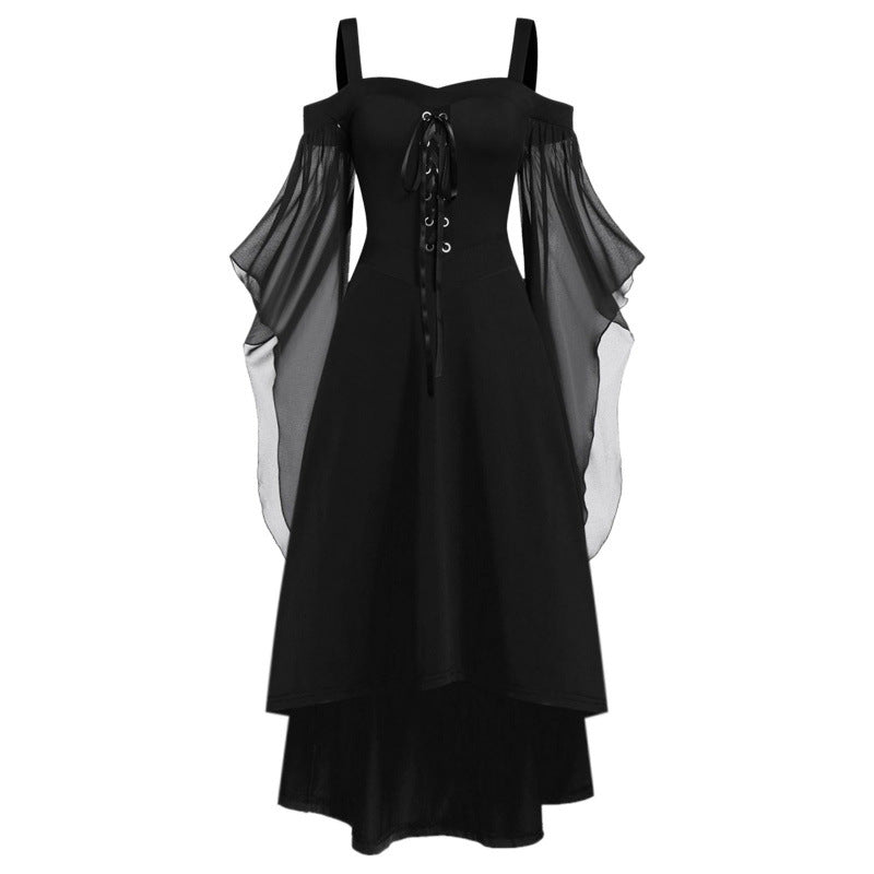 Plus Size Retro Off-Shoulder Gothic Flared Sleeve Irregular Halloween Witch Strap Tie-Up Dress