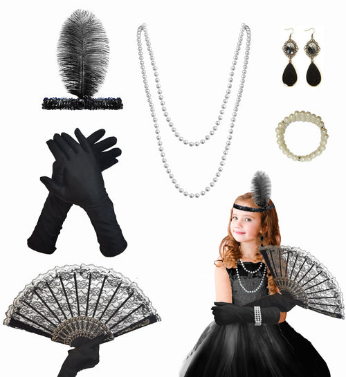 6 Pcs Girls Fashion Flapper Dresses Costume Set Roaring 1920s Flapper Dresses Accessories Includes Feather Headband Gloves Fan and Pearl Decorations for Halloween Children Birthday Party Favor Gifts