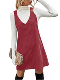 Koinshha Women V Neck Corduroy Overall Dress Casual Loose Short Pinafore Dresses Cute Mini Jumper Dress