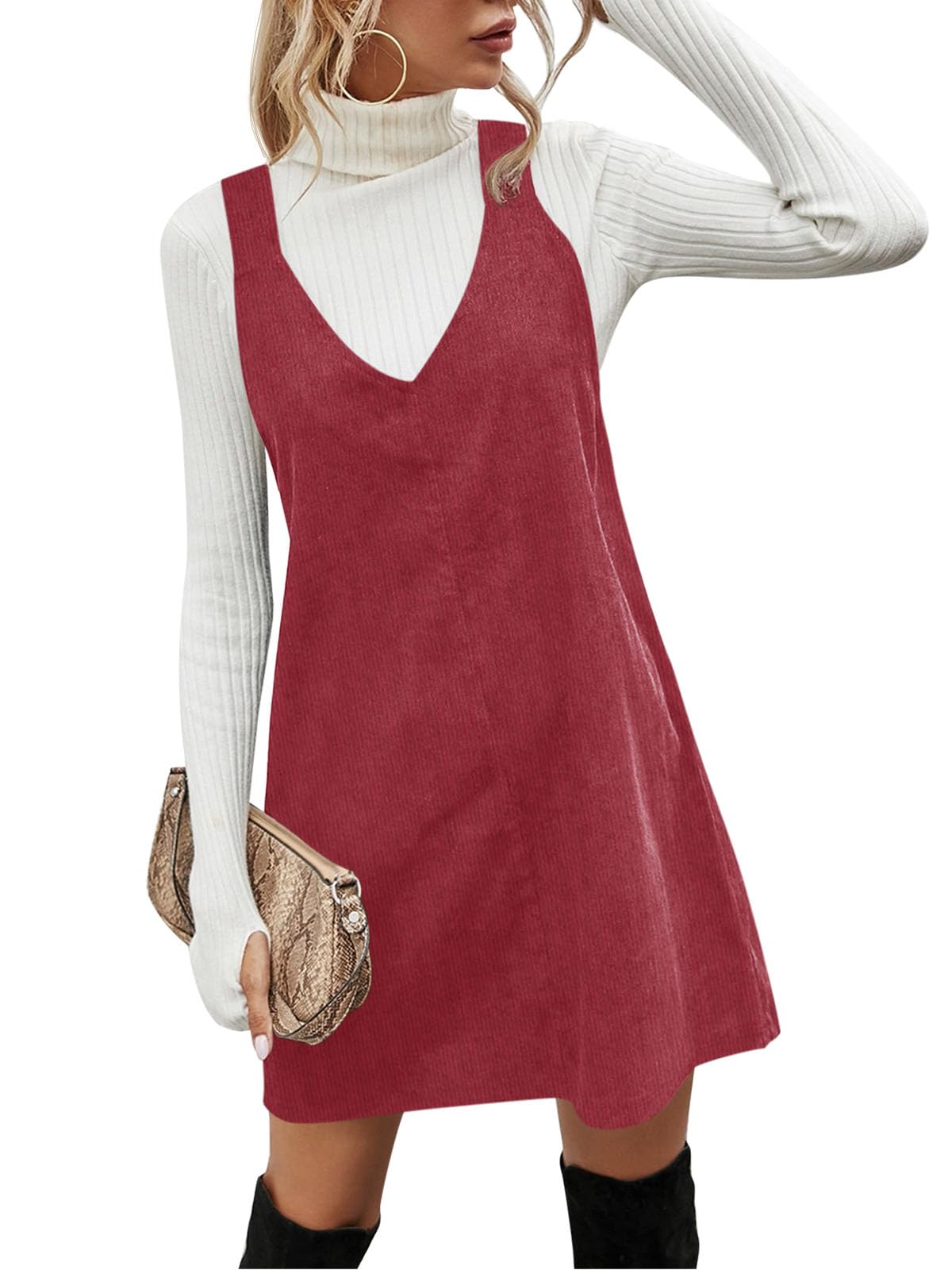 Koinshha Women V Neck Corduroy Overall Dress Casual Loose Short Pinafore Dresses Cute Mini Jumper Dress