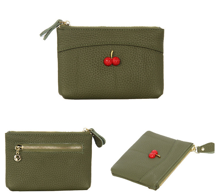 Cherry Leather Coin Purse with Zipper for Ladies