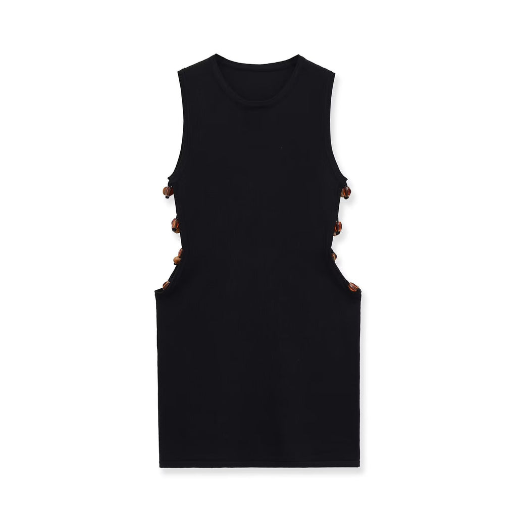 Sleeveless round neck bead knitted hollow dress