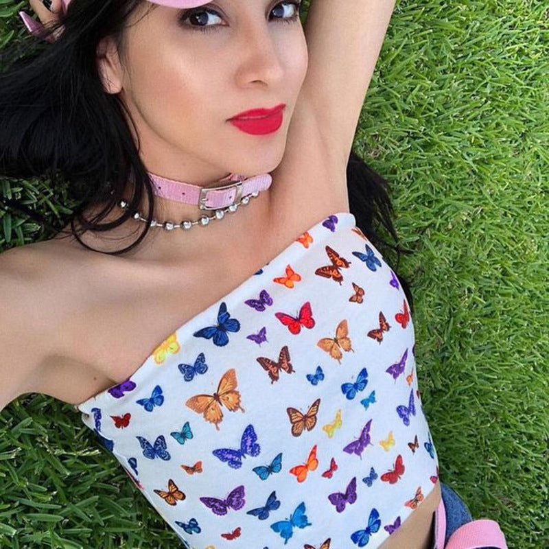 Butterfly Print Slimming Sexy Strapless Top