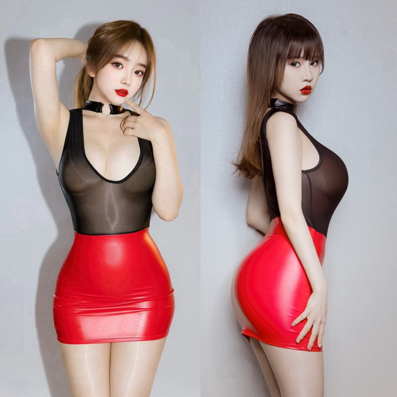 Sexy Transparent PU Mesh Patchwork Mini Dress