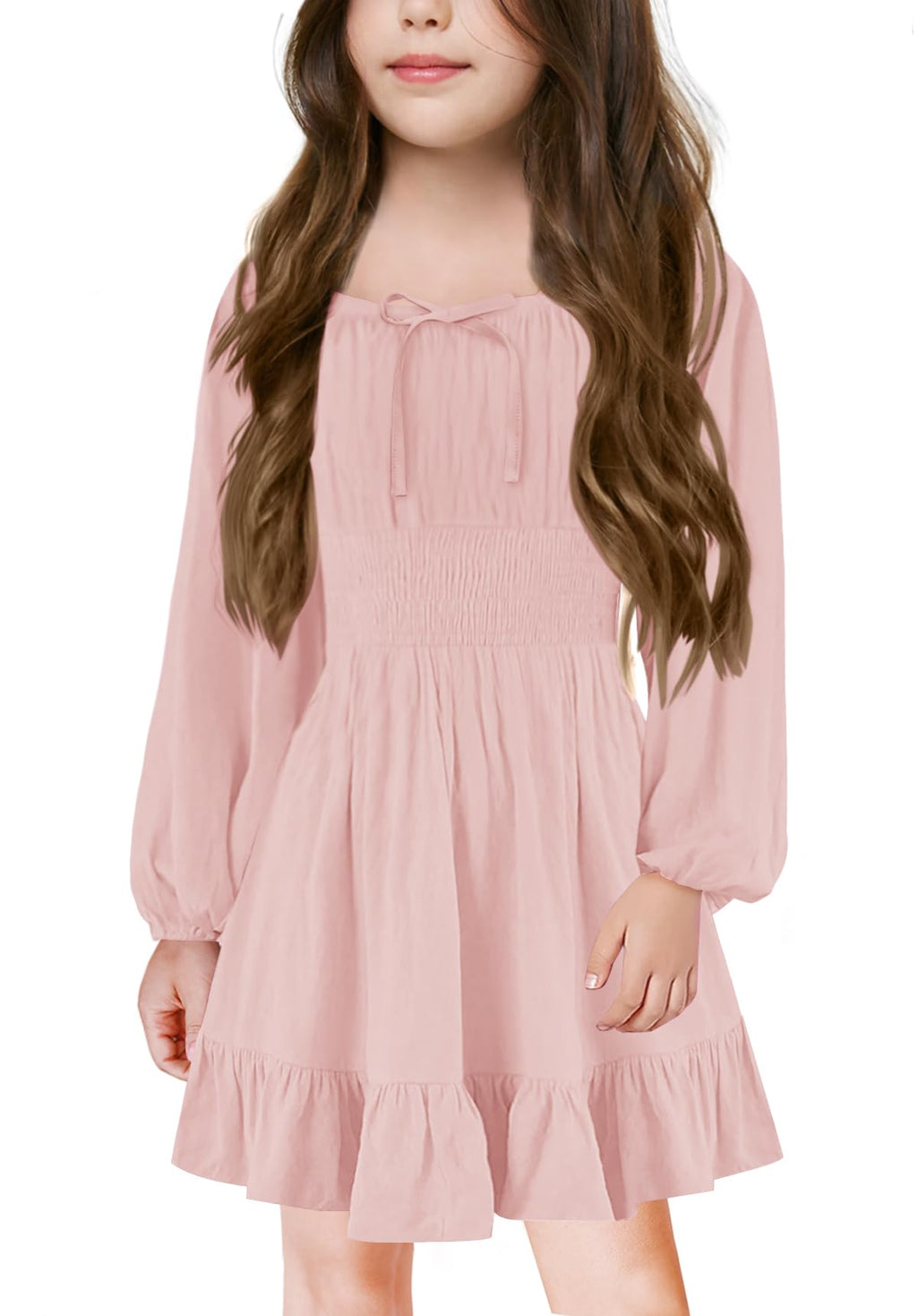 Girls Long Sleeve Square Neck Casual Boho Smocked Short Dresses 5-14 Years Pink