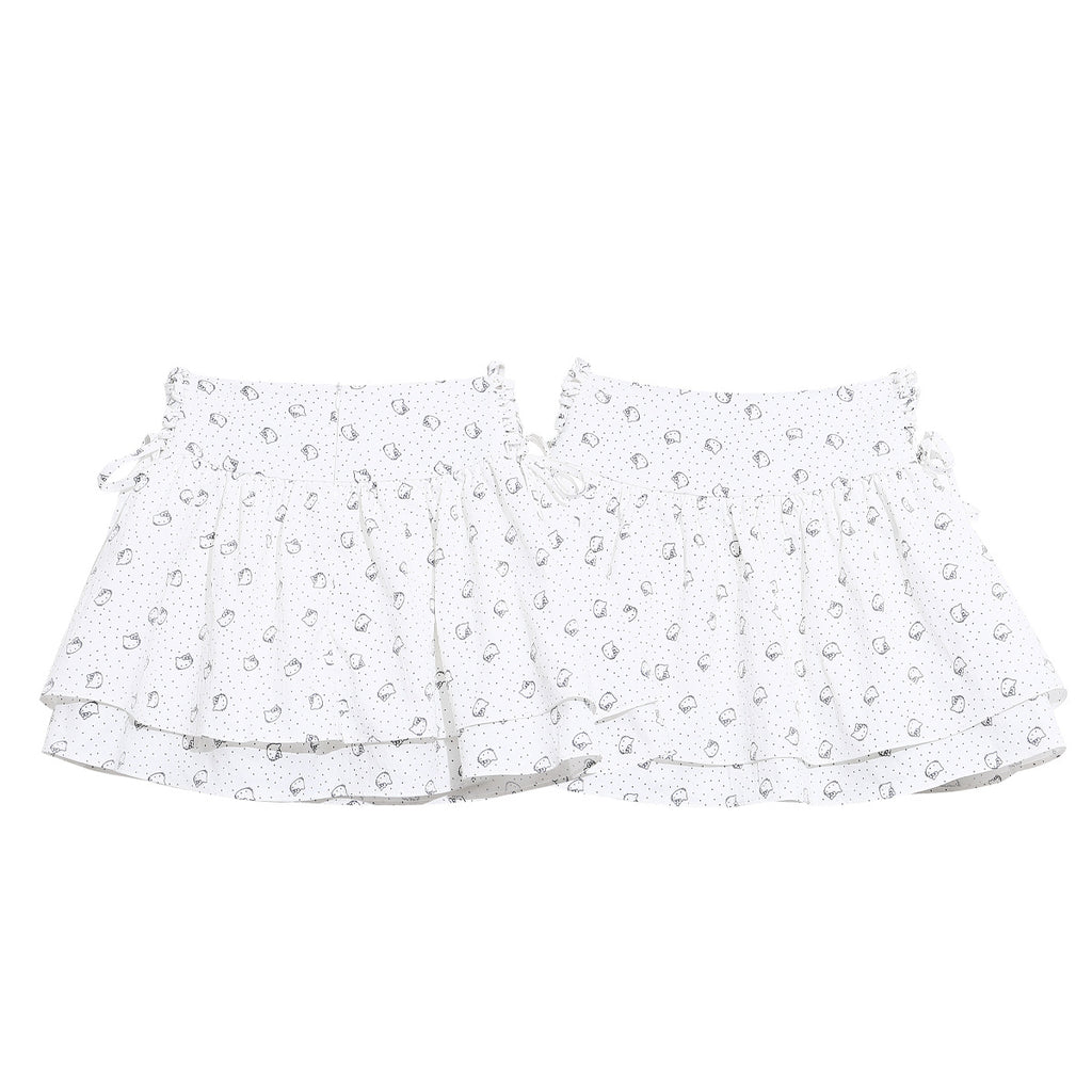 White Polka Dot Cat Patchwork Skirt Pants Side Tie Loose Slimming Sweet Girl Chic Short Skirt