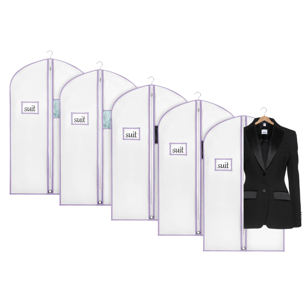Univivi 40"Garment Bag for StorageShort Dresses Garment Bag for Woman with Clear Window and ID Card Holder for T-shirtCoat JacketWhite/PurpleSet of 5