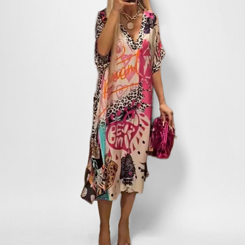 Leisure commuting leopard print color print deep V-neck dress long skirt for women