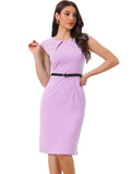 Allegra K Elegant Business Dress for Womens Cap Sleeve Belted Work Sheath Dresses Large Lavender