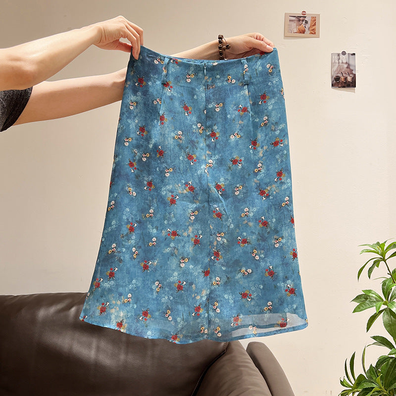Blue Floral Chiffon Midi Skirt for Women, High Waist, Slim Fit