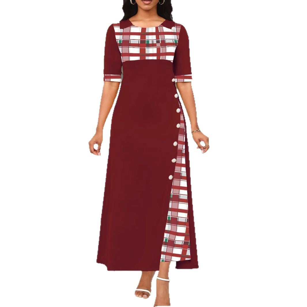 Large Stock New Style Dress Round Neck Color Block Mid Sleeve Irregular Long Dress