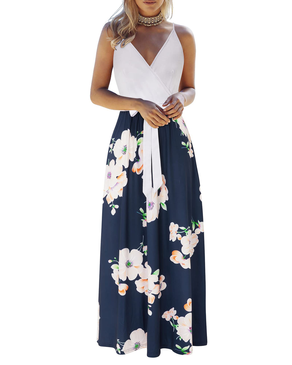 OUGES Womens Summer Maxi Dress V Neck Floral Adjustable Spaghetti Strap Beach Dresses(Floral-iXXL)