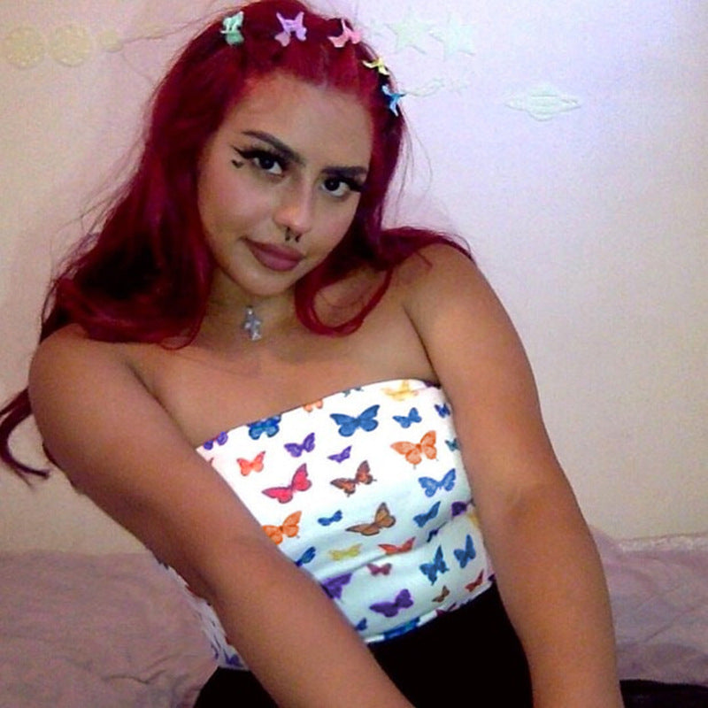 Butterfly Print Slimming Sexy Strapless Top