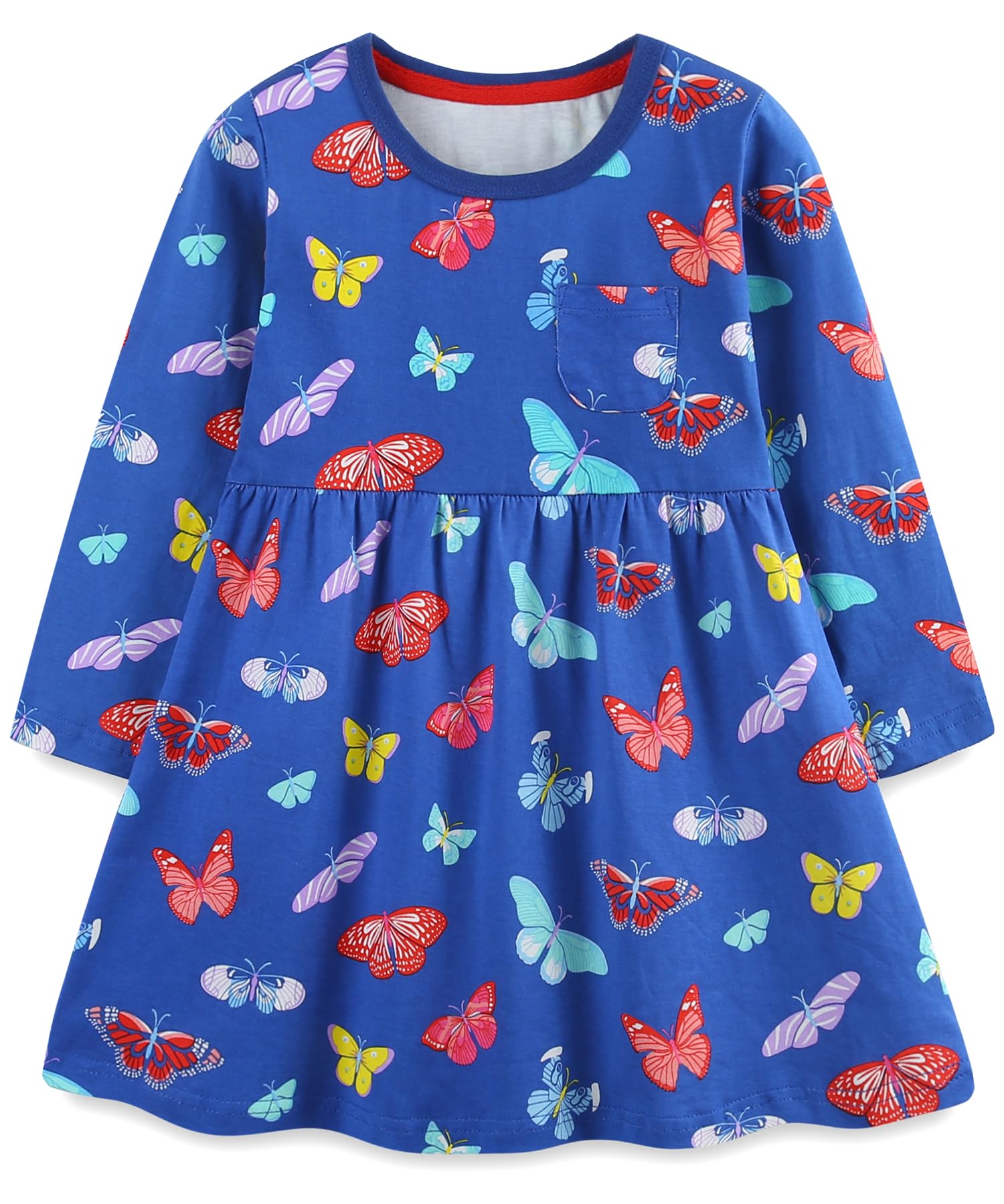 Hongshilian Girls Cotton Chirstmas Dress Long Sleeve Cartoon Appliques Casual Playwear Dresses(4TBlue&Butterflies)