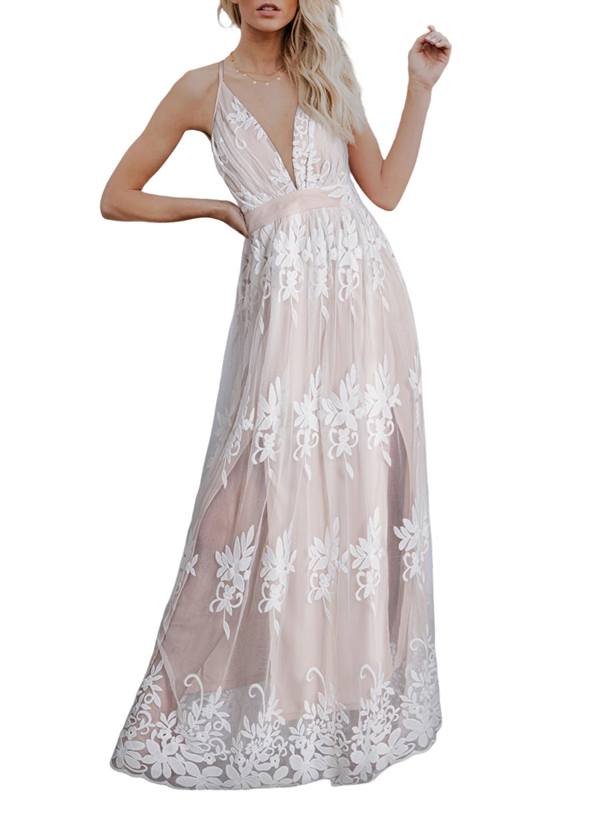 Dokotoo Womens Sexy V Neck Sleeveless Spaghetti Straps Elegant Embroidered High Slit Sheer Mesh Dresses Backless Maxi Long Formal Evening Party Prom Dress Bridesmaid Wedding Guest Dresses White M