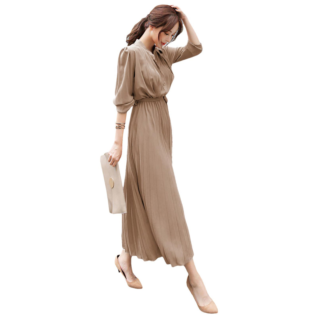 amropi Womens Pleated Long Sleeve Loose Dress Casual Maxi Dresses with Tie Waist KhakiS