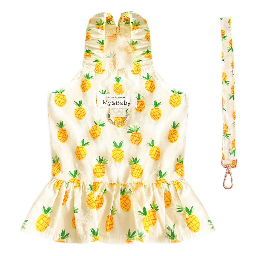 PETPUBGNZS Small Dog Dress Harness and Leash Set Cute Princess Birthday Dog Dresses Soft Fruit Print Puppy Dresses Girl Dog Clothes for Small Dogs Cats Chihuahua Yorkie Shih Tzu (Yellow PineappleM)