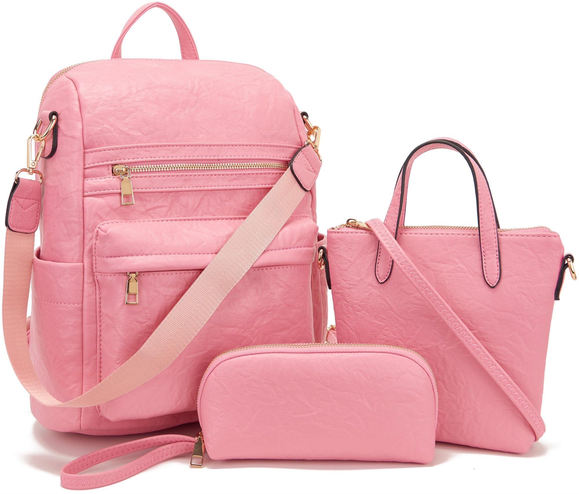 Medium Backpack Purse for Women Convertible Travel Soft Backpacks Ladies Purse set with Wallet and Crossbody Bags Pink