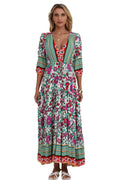 HECCPLI Women Short Sleeve V Neck Floral Print Casual Bohemian Maxi Dresses
