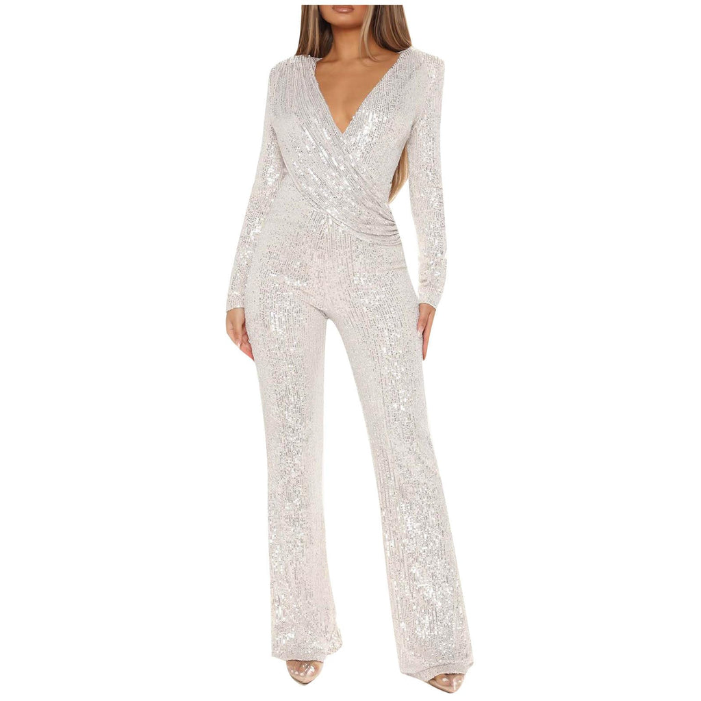 Uillui Sequins Womens Jumpsuit Formal Sexy V Neck High-Waist Woman Romper Elegant Long Sleeve Wide Leg Pants Party Clubwear White
