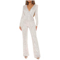Uillui Sequins Womens Jumpsuit Formal Sexy V Neck High-Waist Woman Romper Elegant Long Sleeve Wide Leg Pants Party Clubwear White
