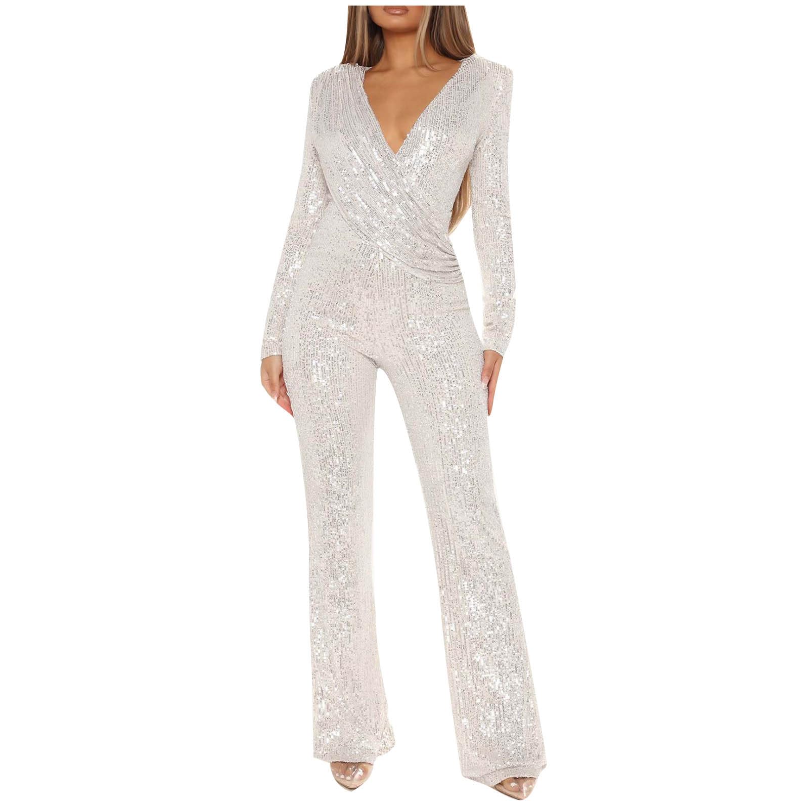 Uillui Sequins Womens Jumpsuit Formal Sexy V Neck High-Waist Woman Romper Elegant Long Sleeve Wide Leg Pants Party Clubwear White
