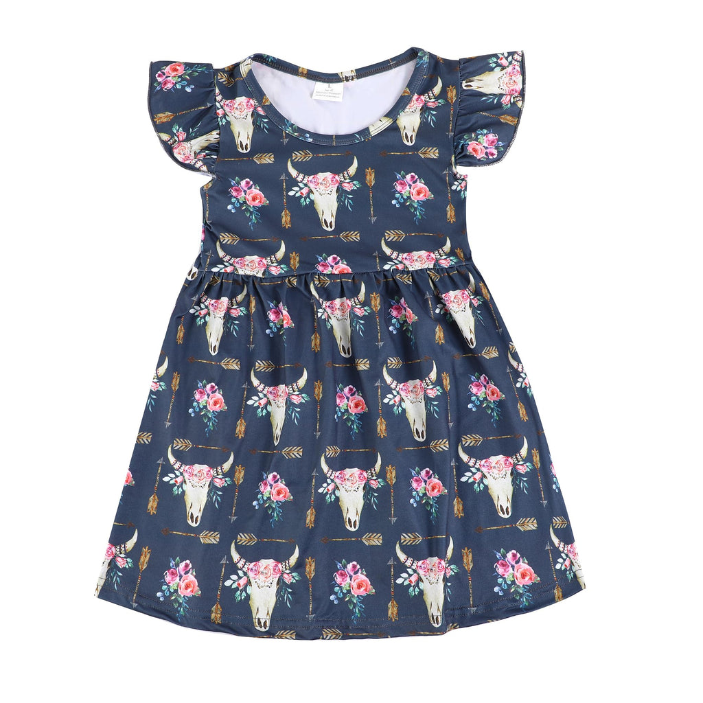 PRCSEE Toddler Girls Dress Cattle Cartoon Casual Print Dresses Flutter Sleeve Outfits 3-4T