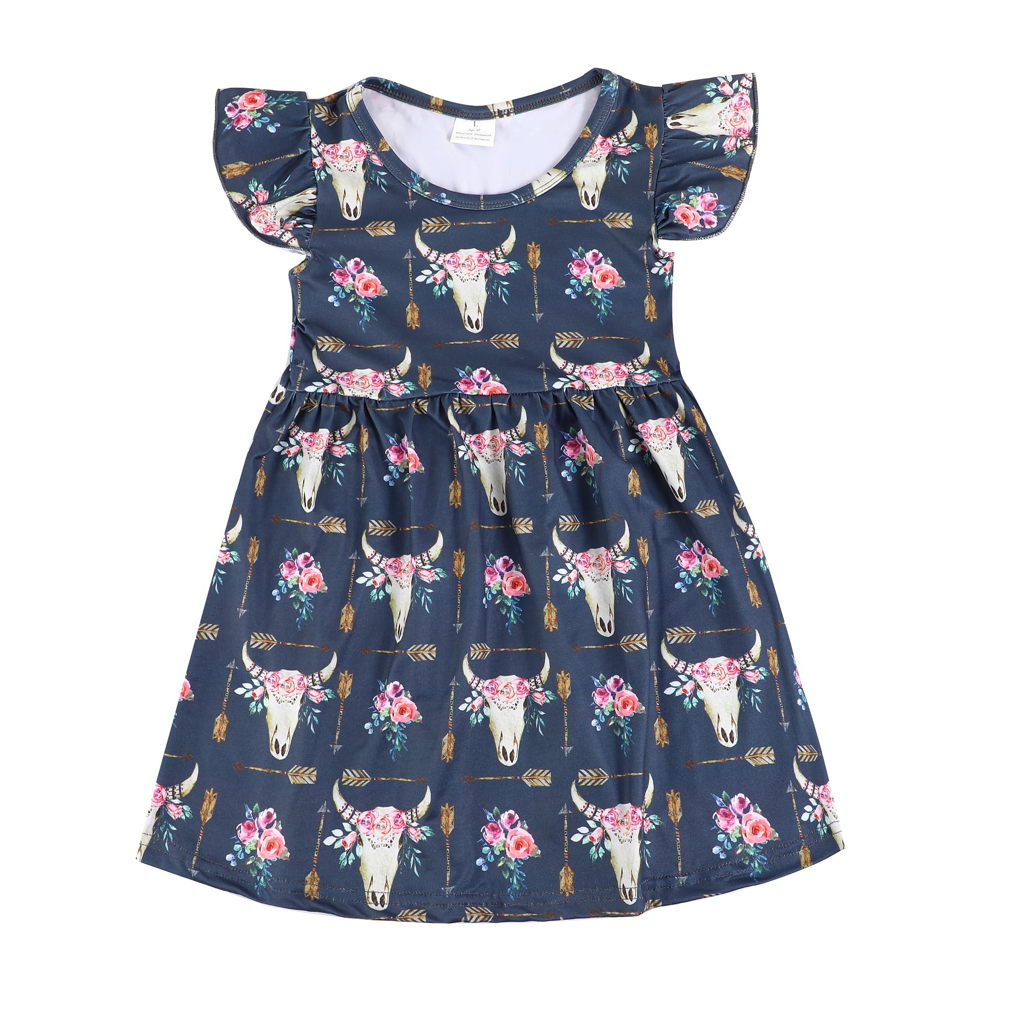 PRCSEE Toddler Girls Dress Cattle Cartoon Casual Print Dresses Flutter Sleeve Outfits 3-4T