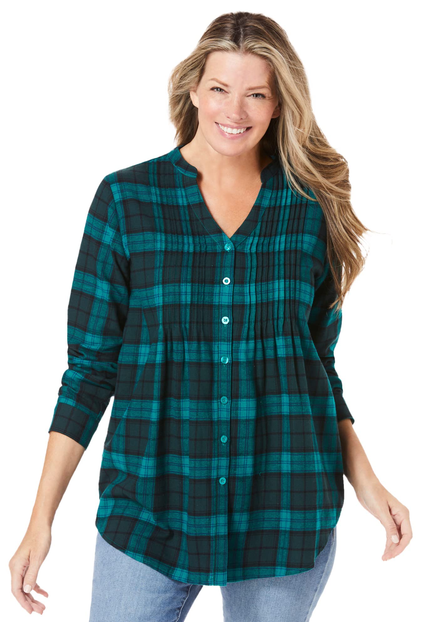 Woman Within Womens Plus Size Pintucked Flannel Shirt - 1X Rich Jade Plaid