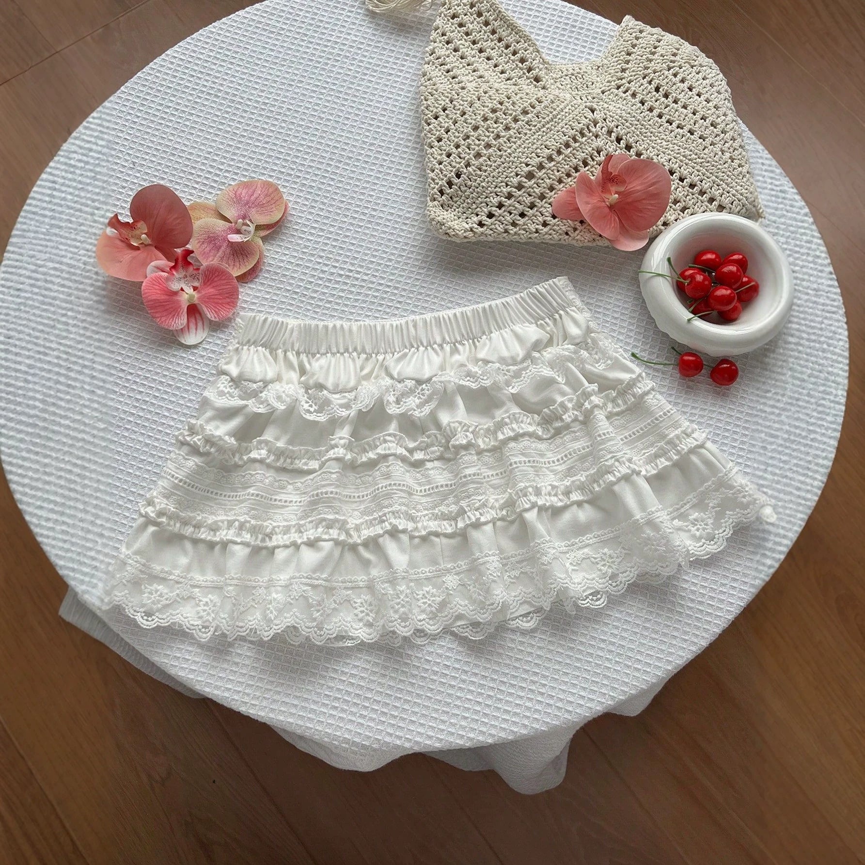 Low waist lace lace and ruffle edge women's short skirt