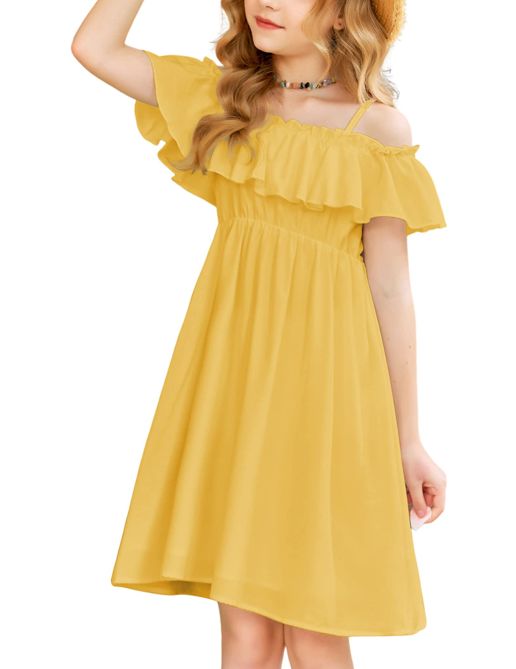 Arshiner Little Girls Cold Shoulder Flounce Trim Summer Casual Spaghetti Strap Dresses Yellow 4-5 Years