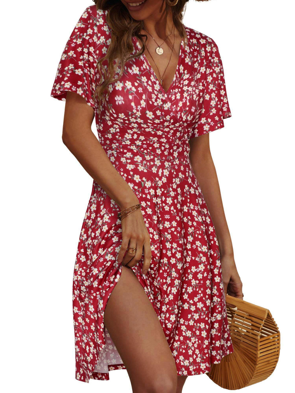 FENSACE Sundresses for Women Sexy Skater Dresses That Hide Belly Fat Summer Dress(RedX-Large)