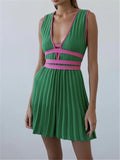 Summer Deep V-Neck Knitted Women's Dresses High Waist Lace Up Casual Sleeveless Solid Sexy Mini Dresses Female Ladies