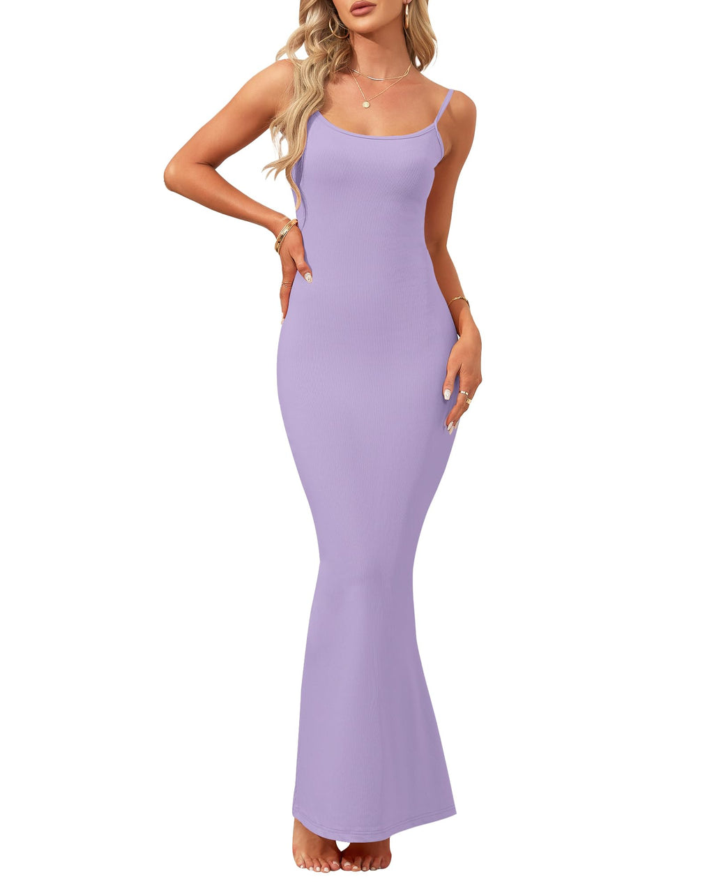 AUSELILY Womens Slip Maxi Dress Sexy Bodycon Dresses Sleeveless Square Neck Long Dress Light Purple S