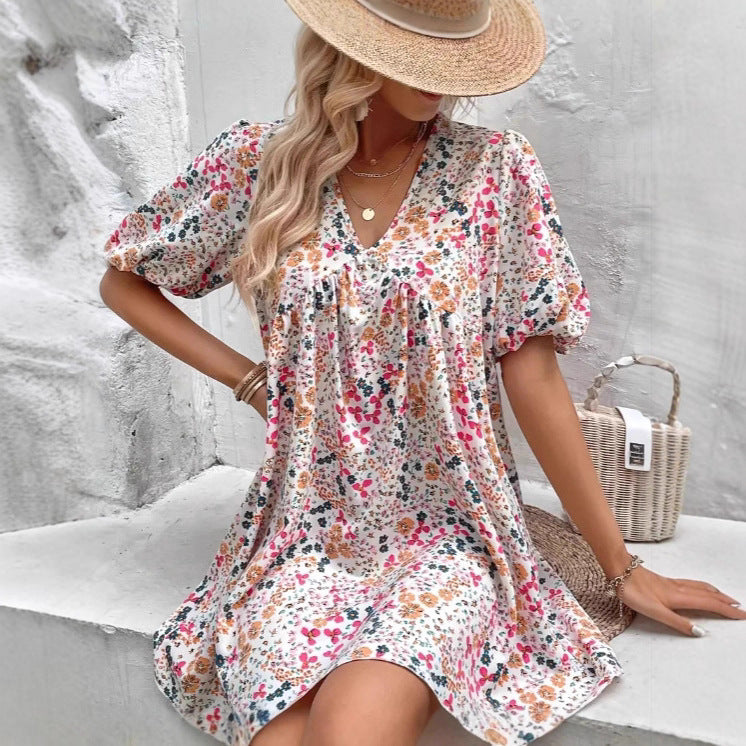 Cute Floral Print V-Neck Puff Sleeve Pleated Casual Loose Dress for Women