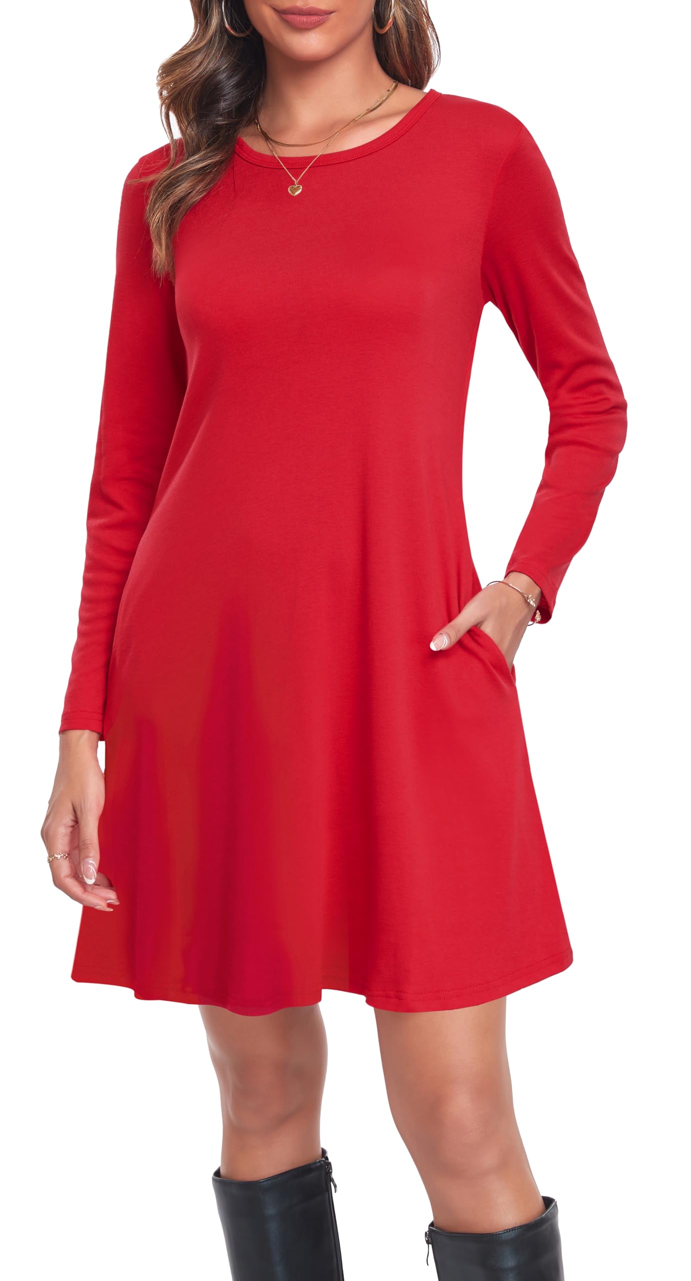 Moskill Long Sleeve Tshirt Dresses for Women with Pockets Casual Loose Swing Dress XX-Large red