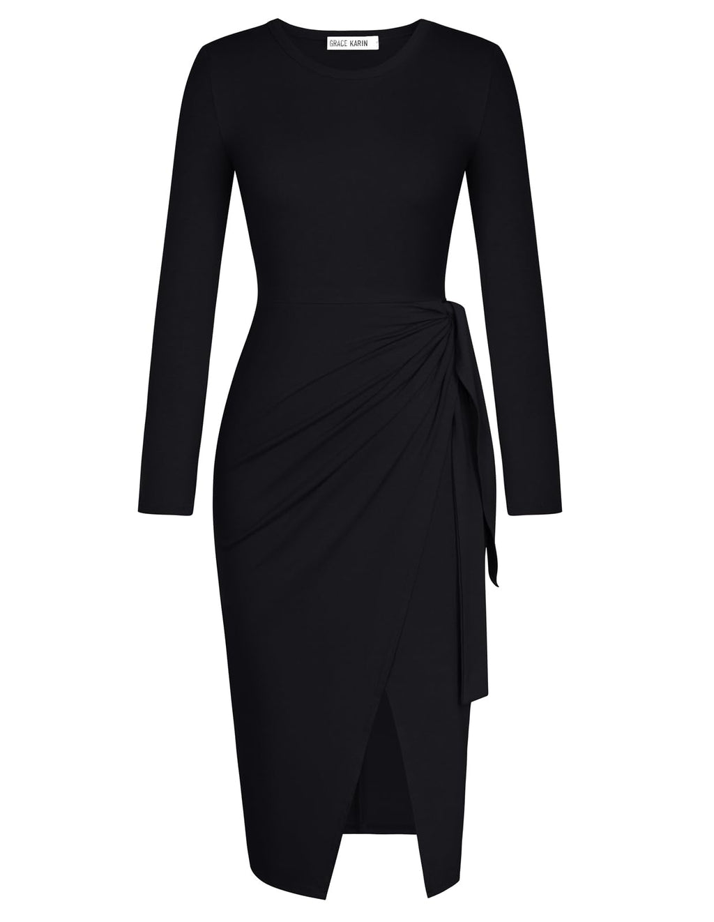 Tie Waist Dress Women Long Sleeve Wrap Casual Work Dresses Fall Bodycon Split Midi Dresses Black M