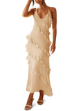 Wenrine Womens Sexy Chiffon Halter Maxi Dress Sleeveless Backless Ruffle Tassel Club Party Dresses Light Khaki