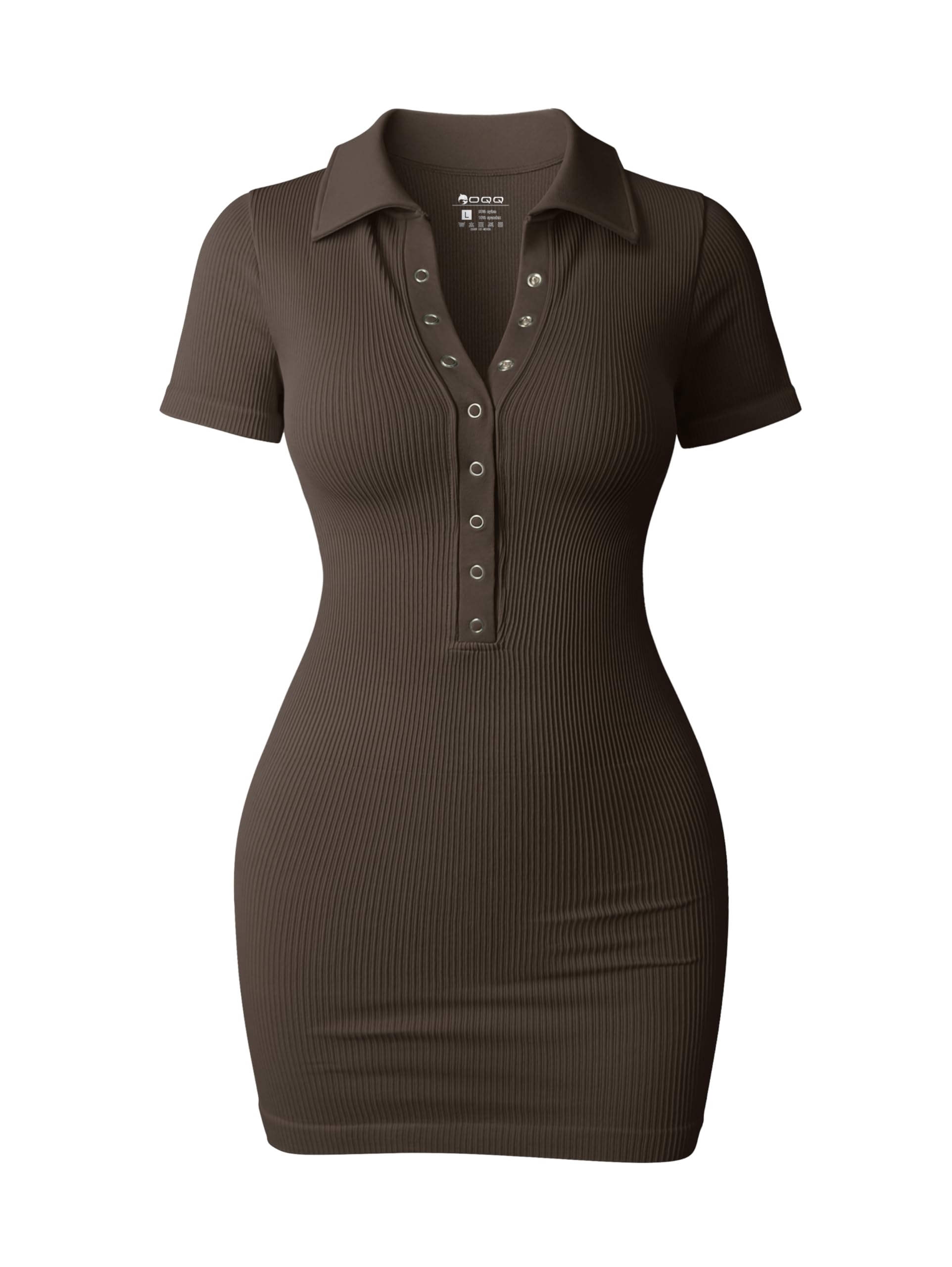 OQQ Womens Mini Dresses Sexy Short Sleeve Stretch Ribbed Tummy Control Bodycon Mini Dress Darkbrown
