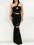Solid Hollow Out Backless Dress For Women Diagonal Collar Sleeveless High Waist Sexy Dresses Female Fashion Style