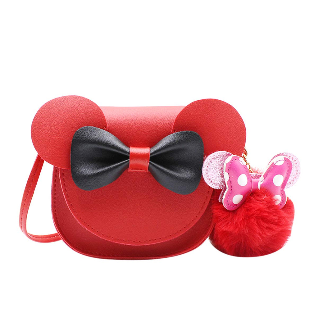 MOSSTYUS Toddler Mini Crossbody Purse Little Girls Small Wallet Mouse Ear Purse with Bowknot Pompom Keychain(Red)