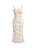GORGLITTER Womens Floral Ruched Bodycon Midi Dress Mesh Sleeveless Fishtail Cami Dresses Yellow Small