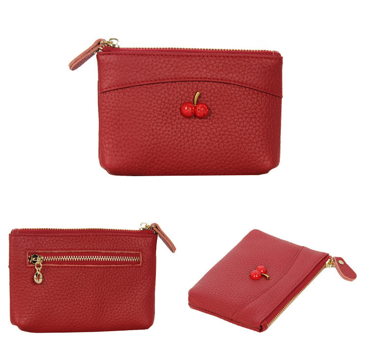 Cherry Leather Coin Purse with Zipper for Ladies