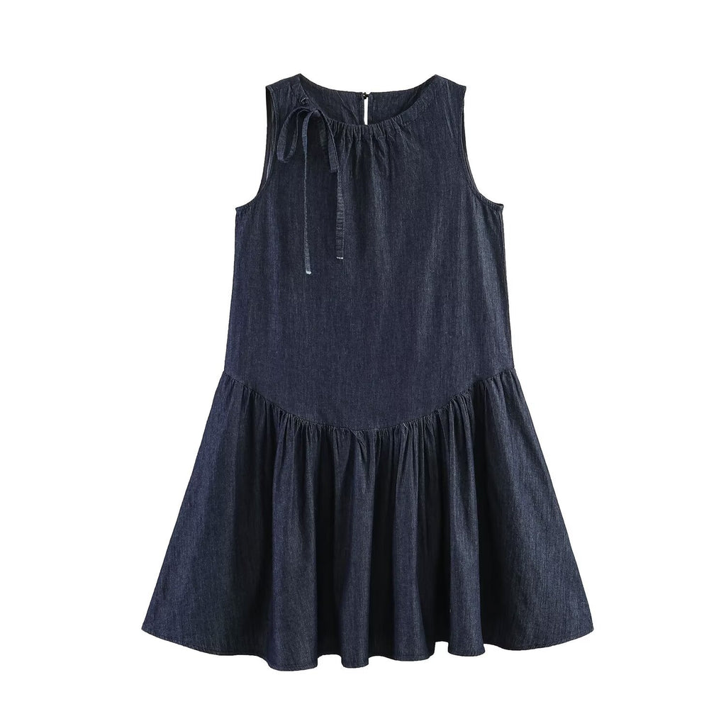 Drawstring tied bow sleeveless denim dress