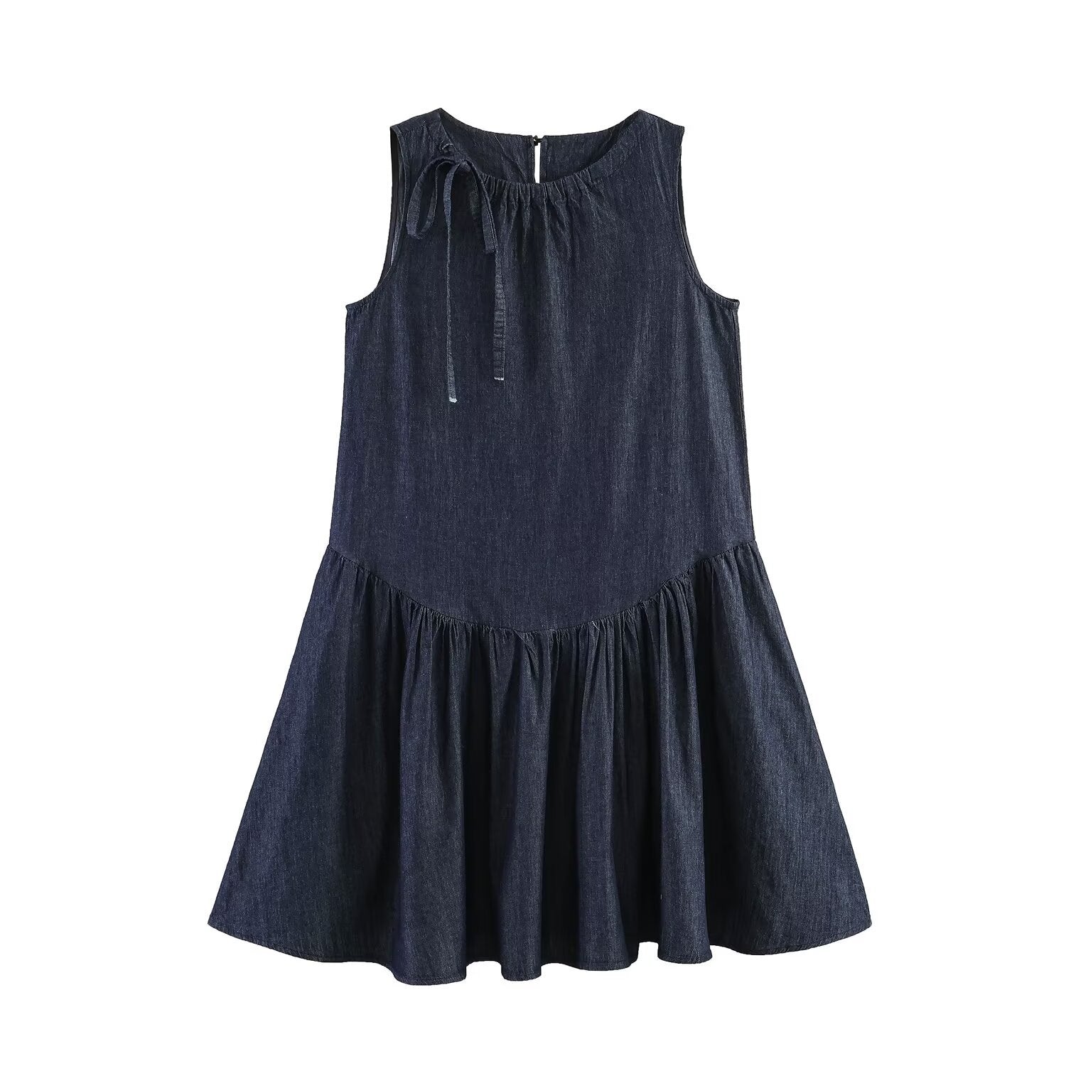 Drawstring tied bow sleeveless denim dress