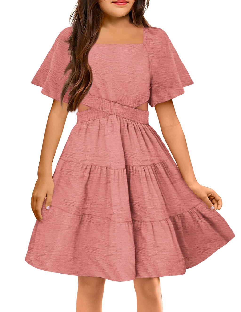 Arshiner Girls Dress Square Neck Cut Out Shirred Ruffle Hem Valentines Day Pink Dresses 11-12