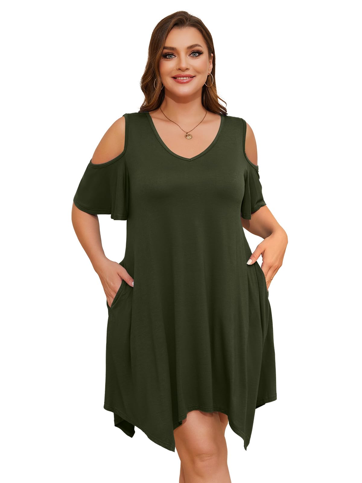 Womens Summer Casual T Shirt Dresses Cold Shoulder Flowy Dress with Pockets(ArmyGreen 5X)